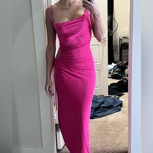 JLUXLABEL Hot Pink Ruched Midi Slip Dress